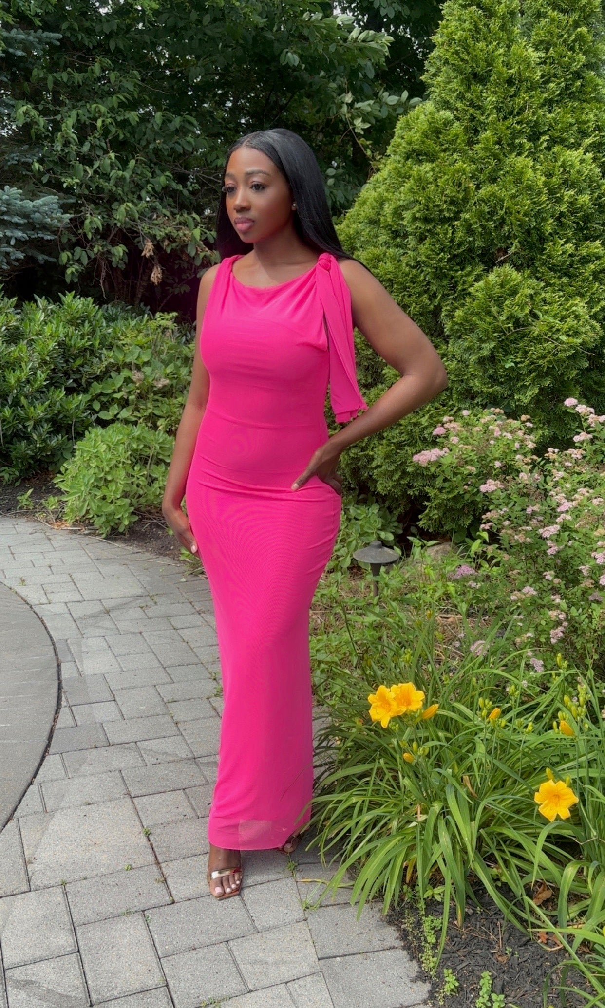 Hot Pink Shoulder Tie Dress